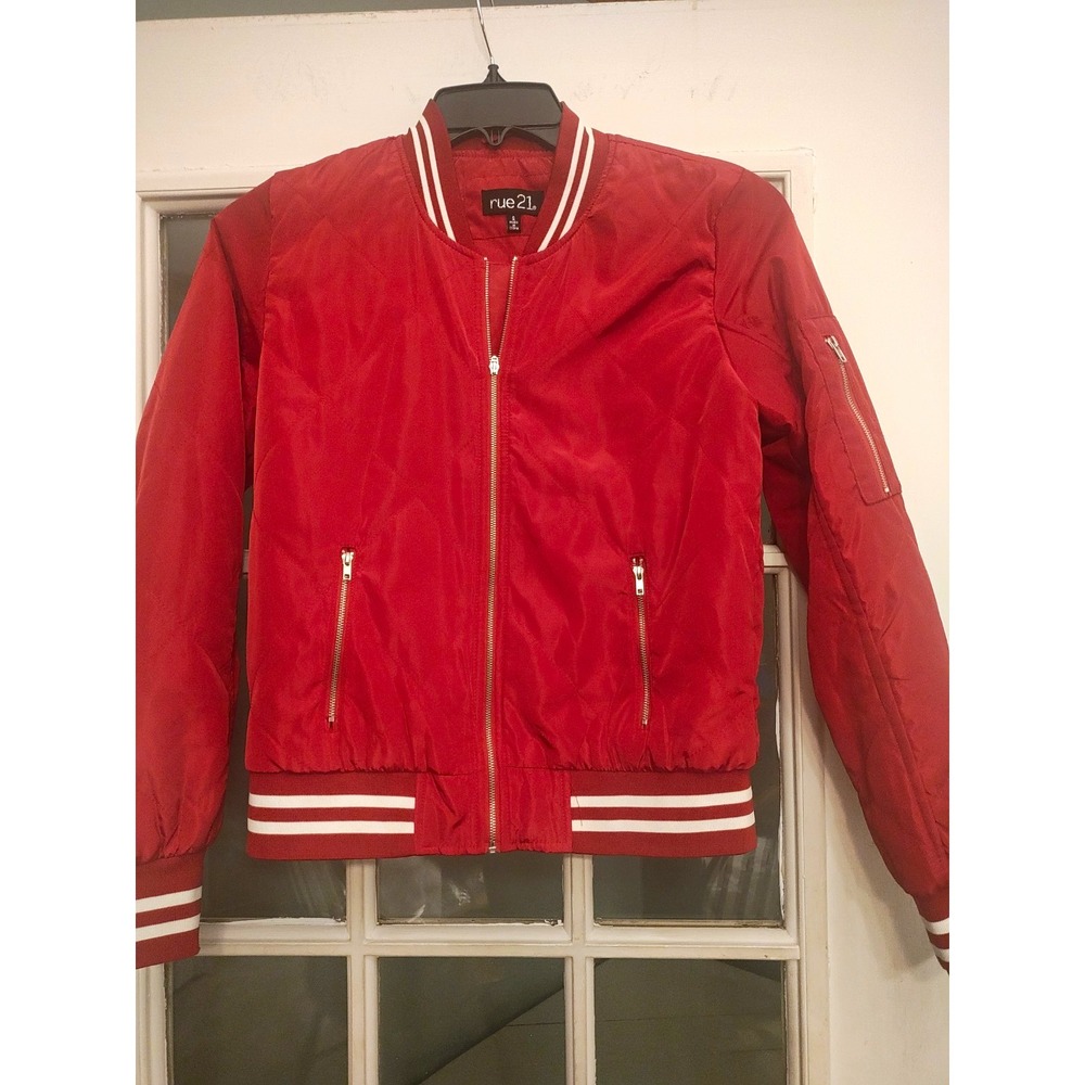 Rue21 Womens S Red Y2K Bomber Jacket Varsity Striped Zip Streetwear 2000s